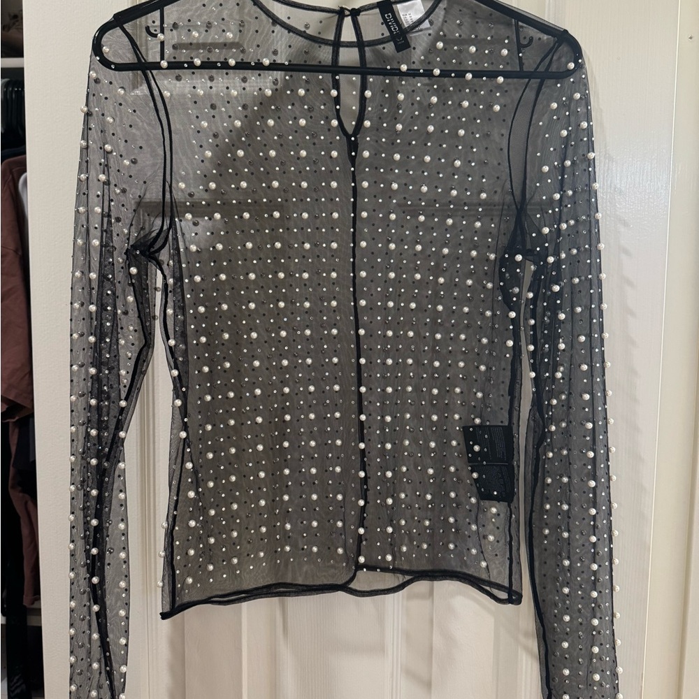 H&M Black Sheer Top with White Pearls